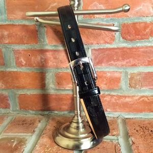 Black Leather Deco Check Embossed Belt